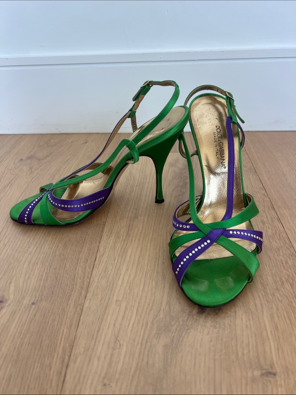 Dolce & Gabbana Green and Purple Satin Strappy Heels with Crystal Trim